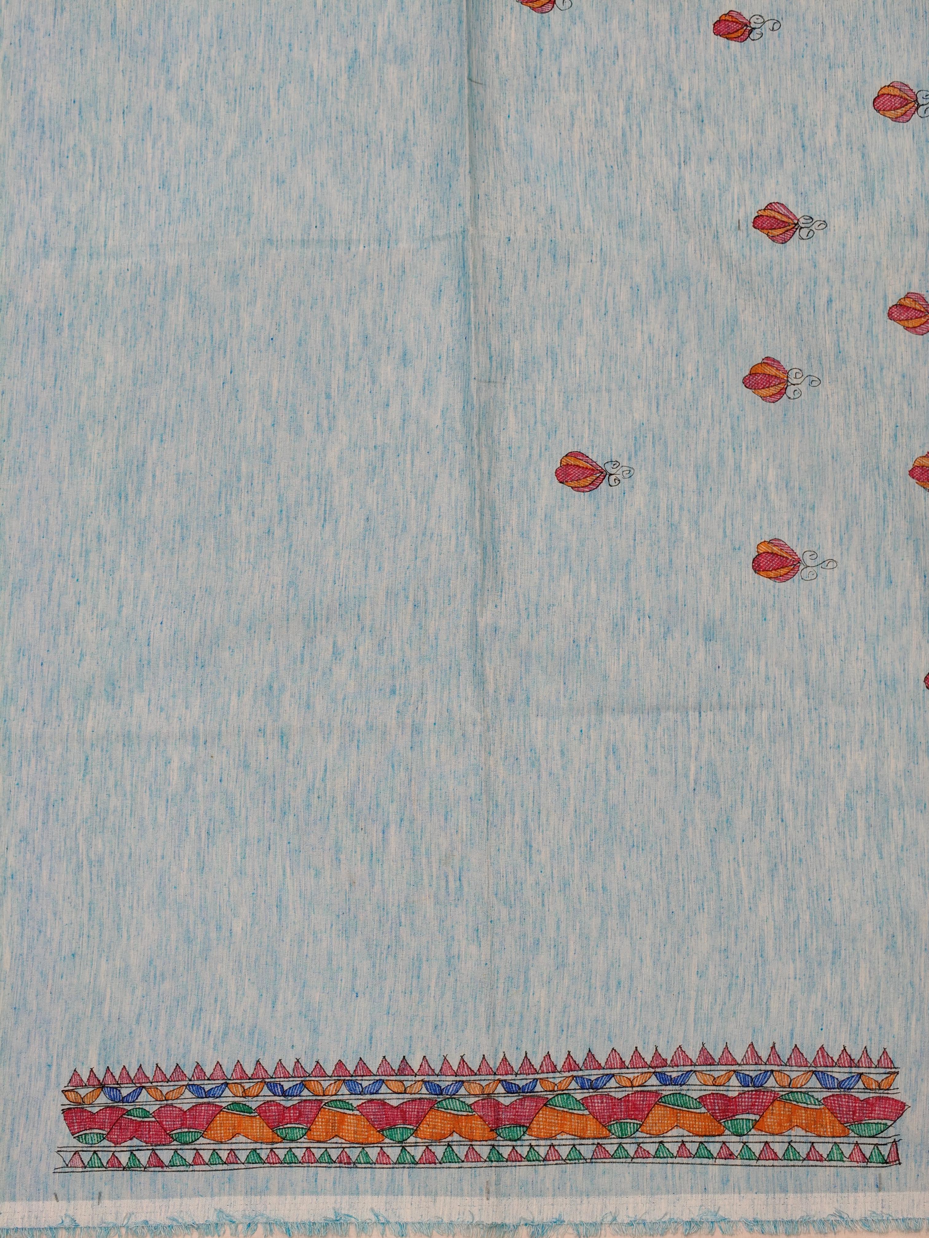 Hand-Painted Madhubani Unstitched Kurti on Cotton – Blue